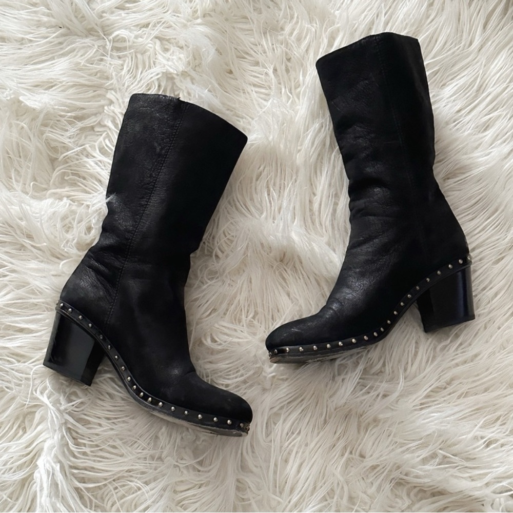 Vintage Miu Miu Black Boots Distressed Leather Stud Detail